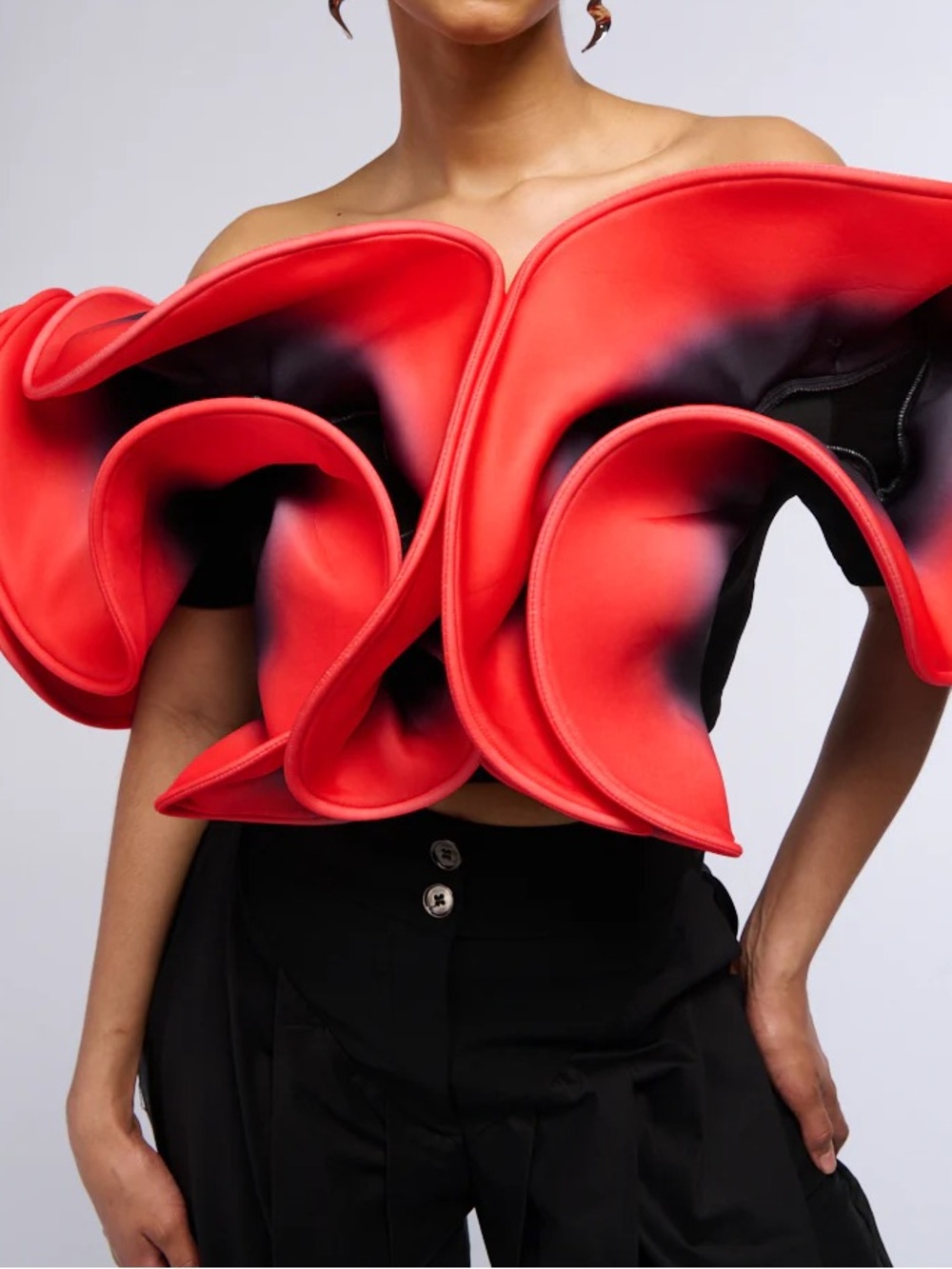 Statement Red Ruffle One-Shoulder Crop Top - Picture 3 of 8